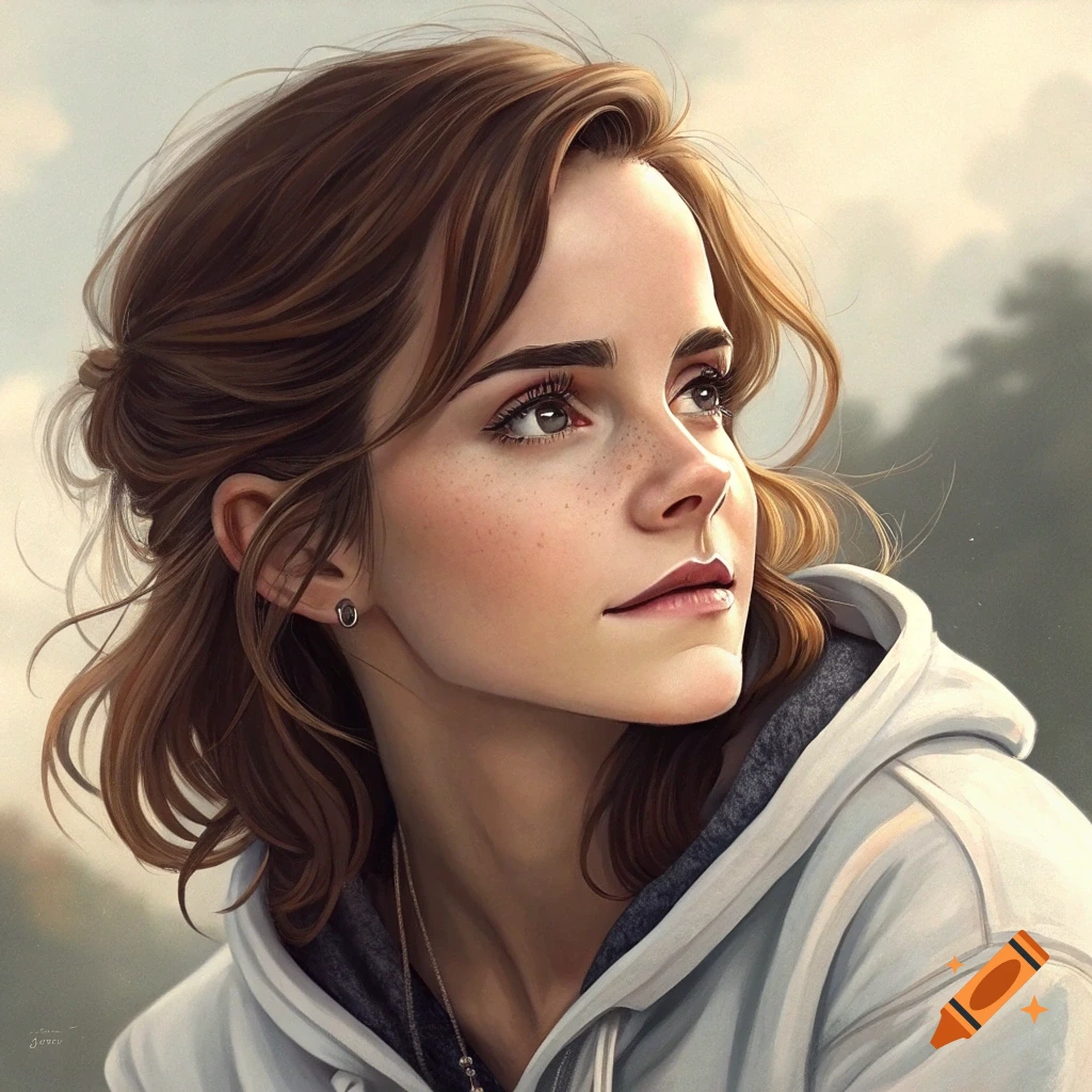 Close-up portrait of a woman with brown hair, freckles, wearing a white hoodie, looking up.