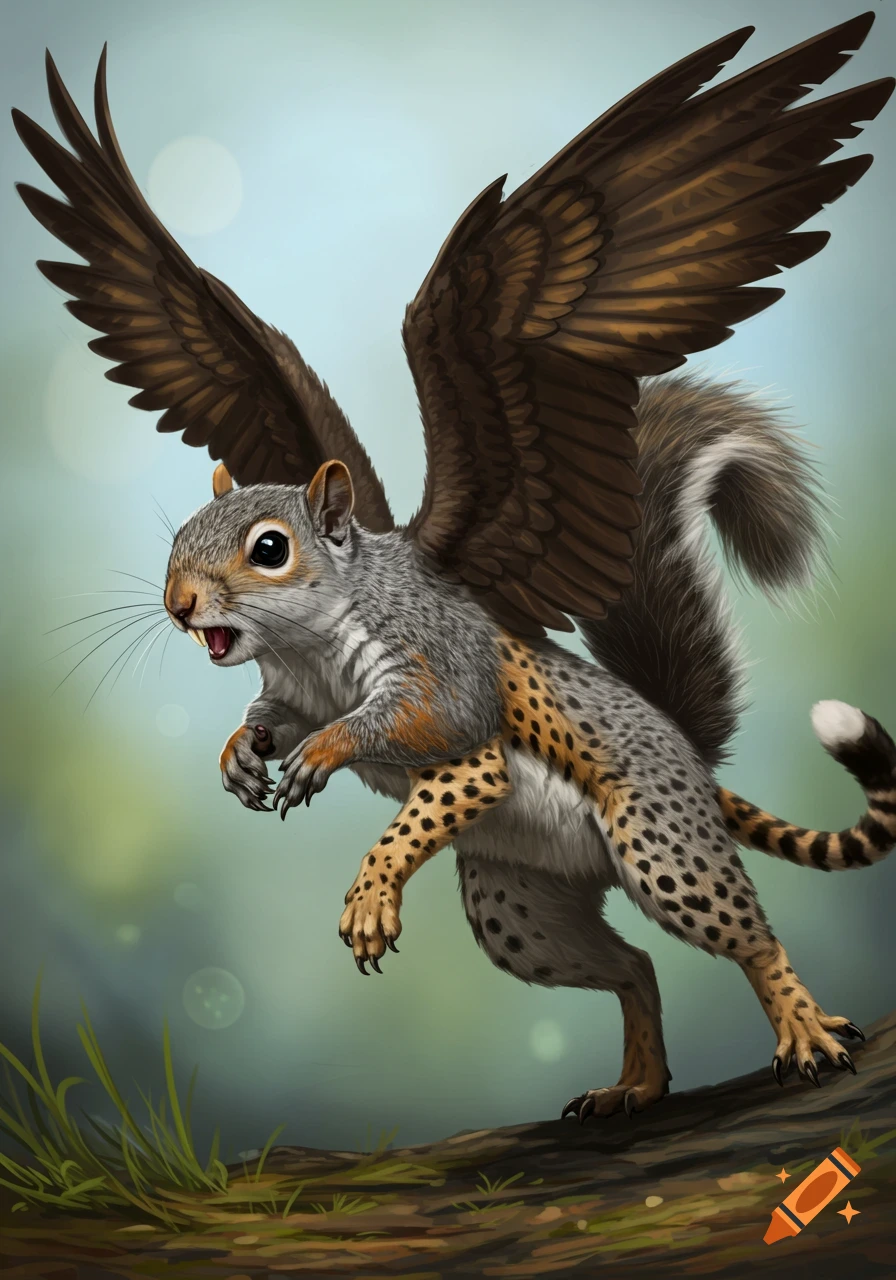A creature is depicted with the body of a flying squirrel, the legs of a cheetah, and the wings of a falcon.