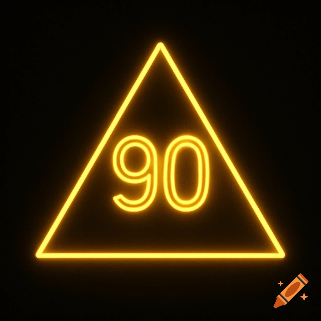 Yellow neon number 90 inside a triangle on black background