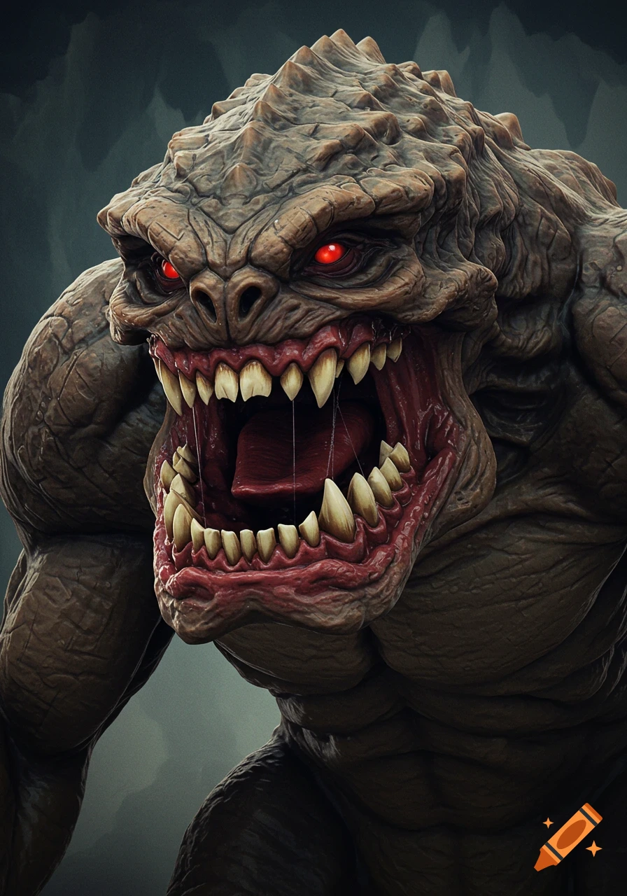 Close-up of a monstrous creature's face with red eyes and bared teeth.