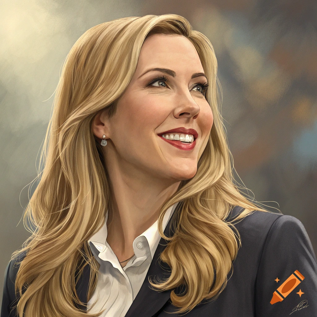 Realistic illustration portrait of a smiling blonde woman in a suit looking upwards.