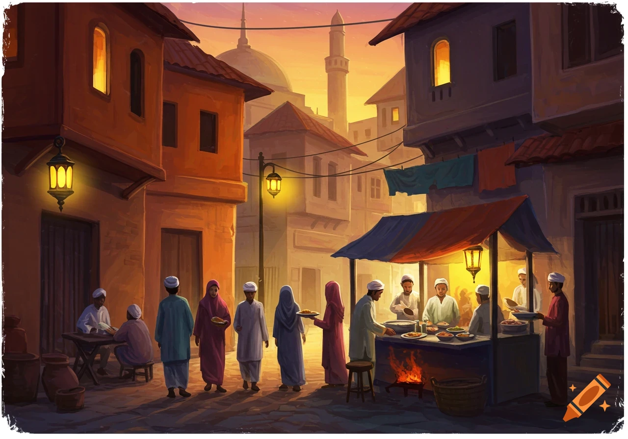 People gathered around a street food stall in a city street at sunset.