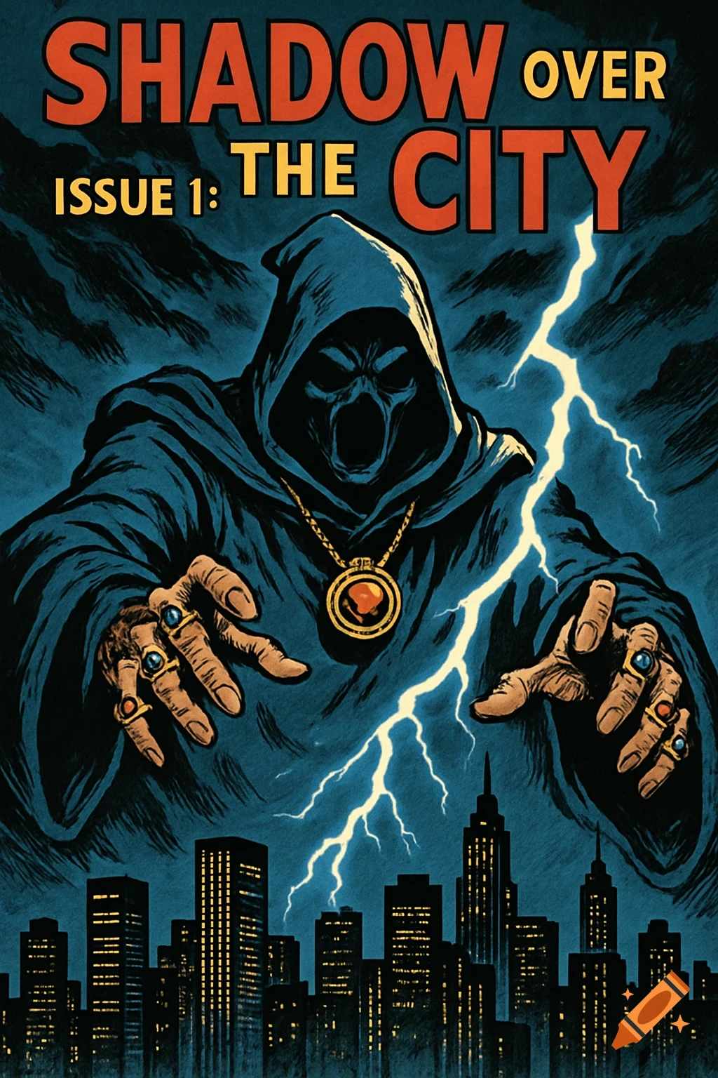 Comic book cover with a hooded figure, lightning, and a city skyline. Text reads "Shadow over the City, Issue 1" in a retro style.