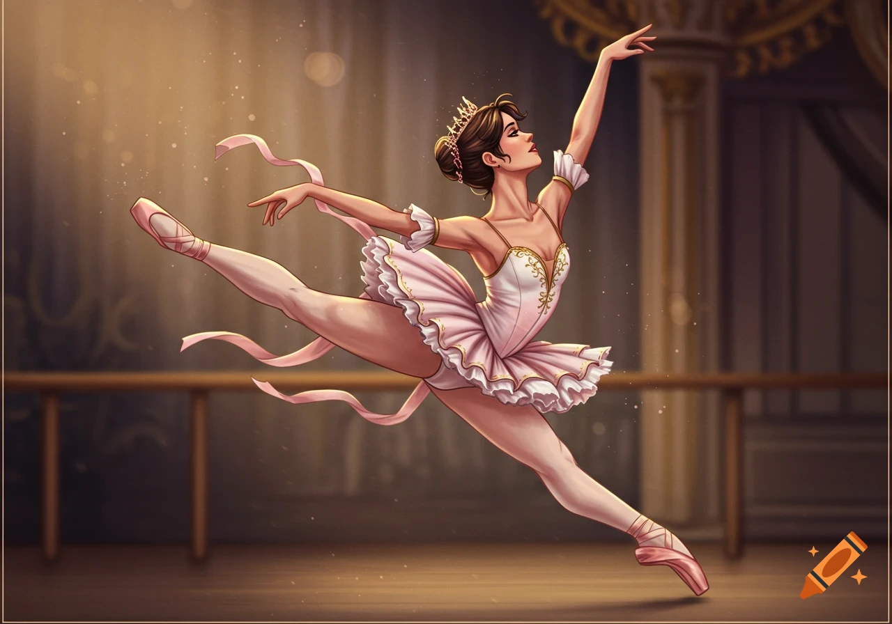 A ballerina in a pink tutu and crown leaps on a stage.