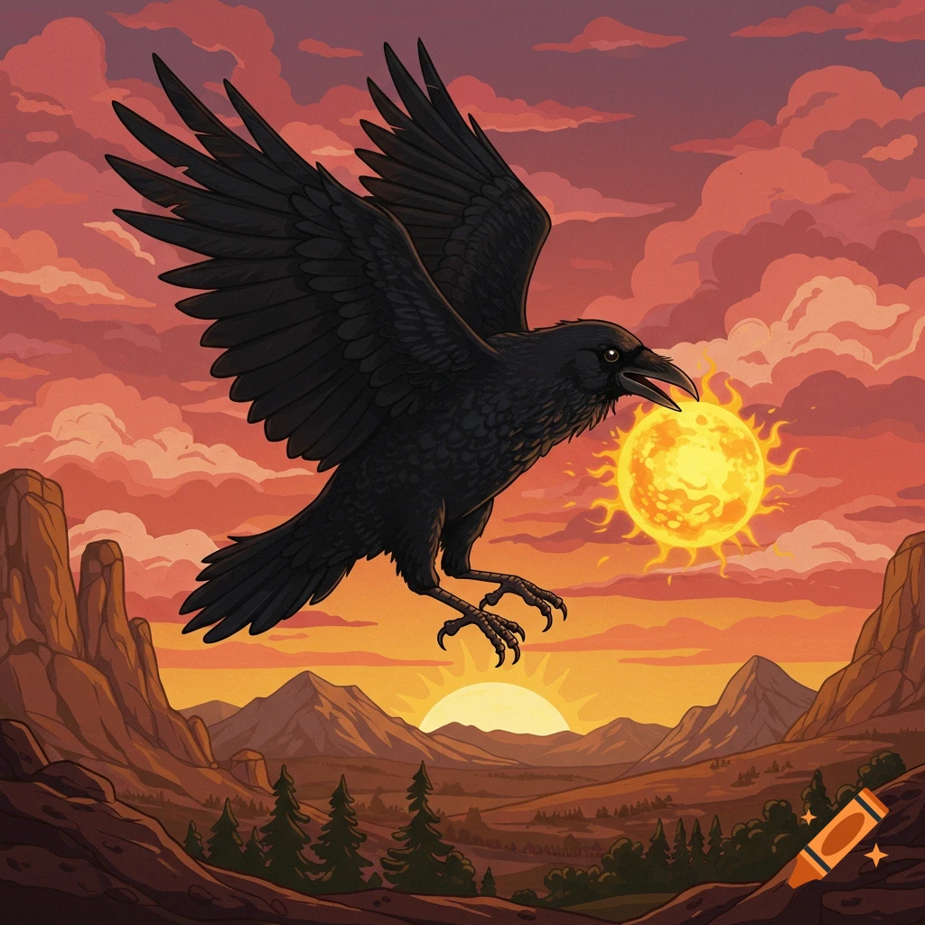 A black raven flying with the sun in its beak over a mountain landscape at sunset.