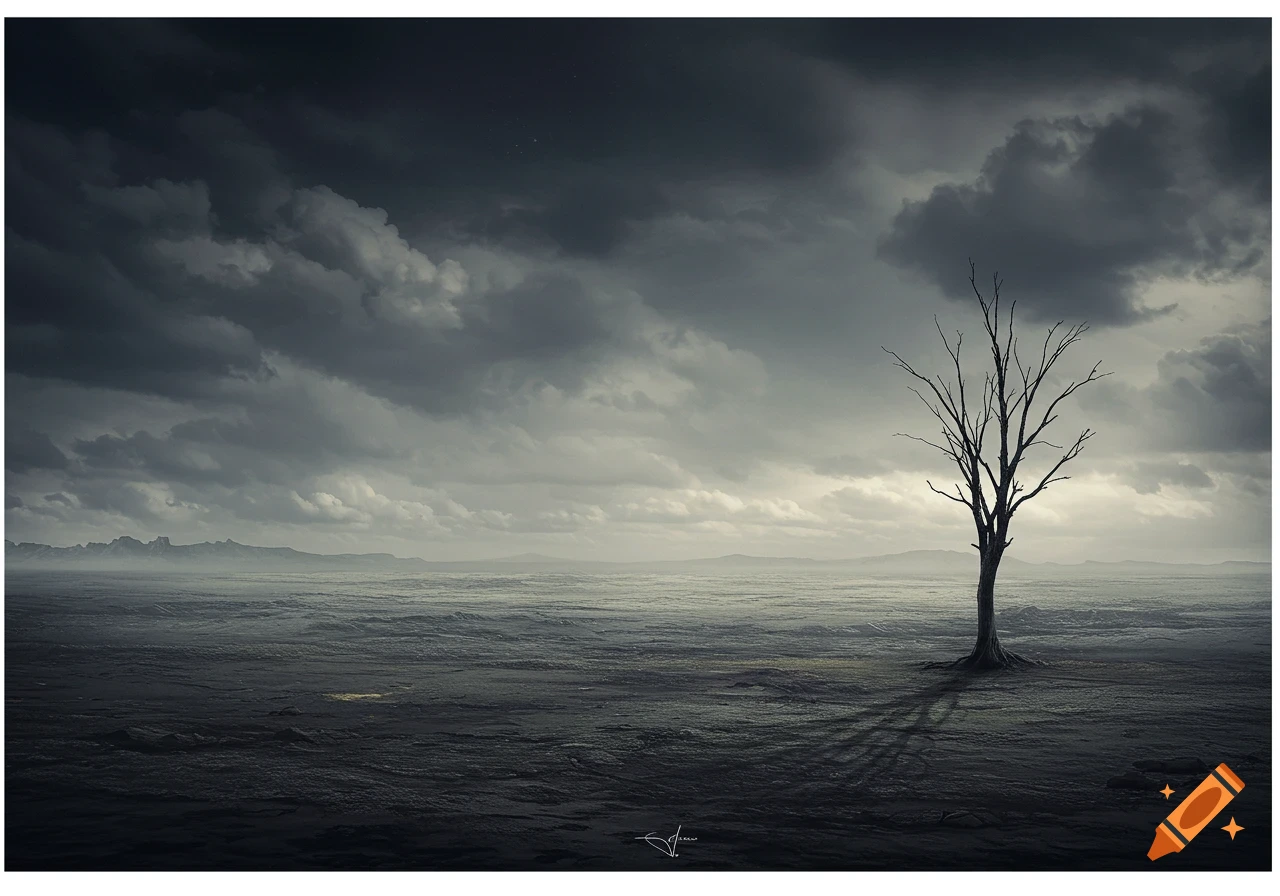 A lone bare tree stands in a desolate landscape under dark, stormy clouds, digital art.