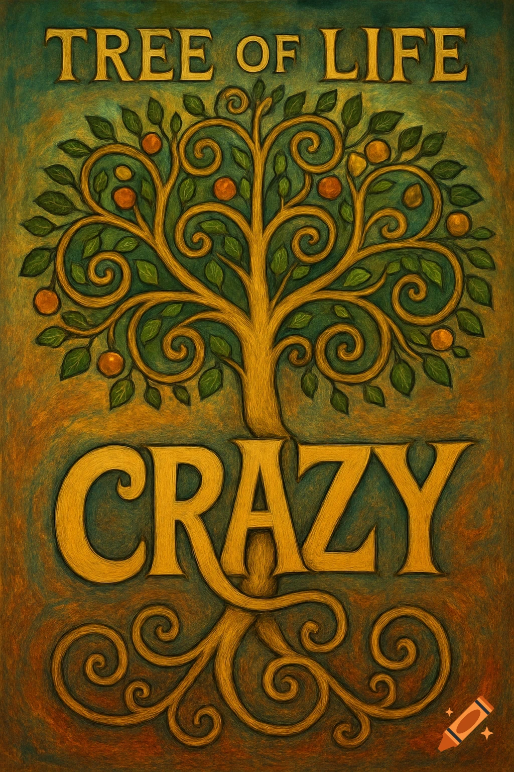 Stylized image of the Tree of Life with 'TREE OF LIFE' text and the trunk formed by the word 'CRAZY'.