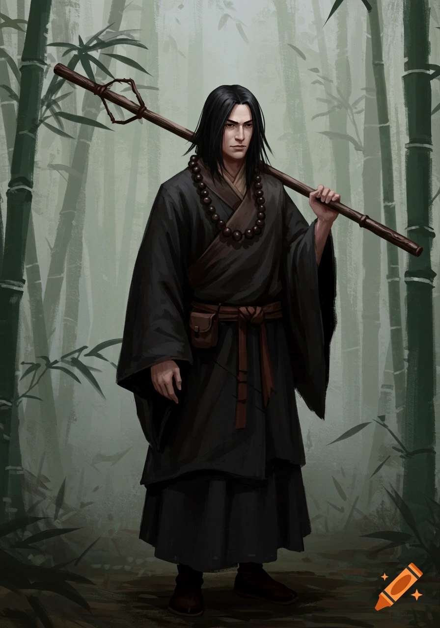 A monk in black robes with a staff over his shoulder, standing in a bamboo forest.