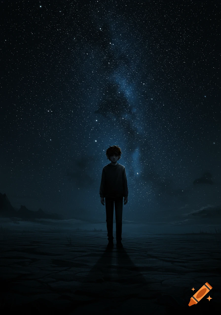 A solitary person standing under a vast, star-filled night sky.