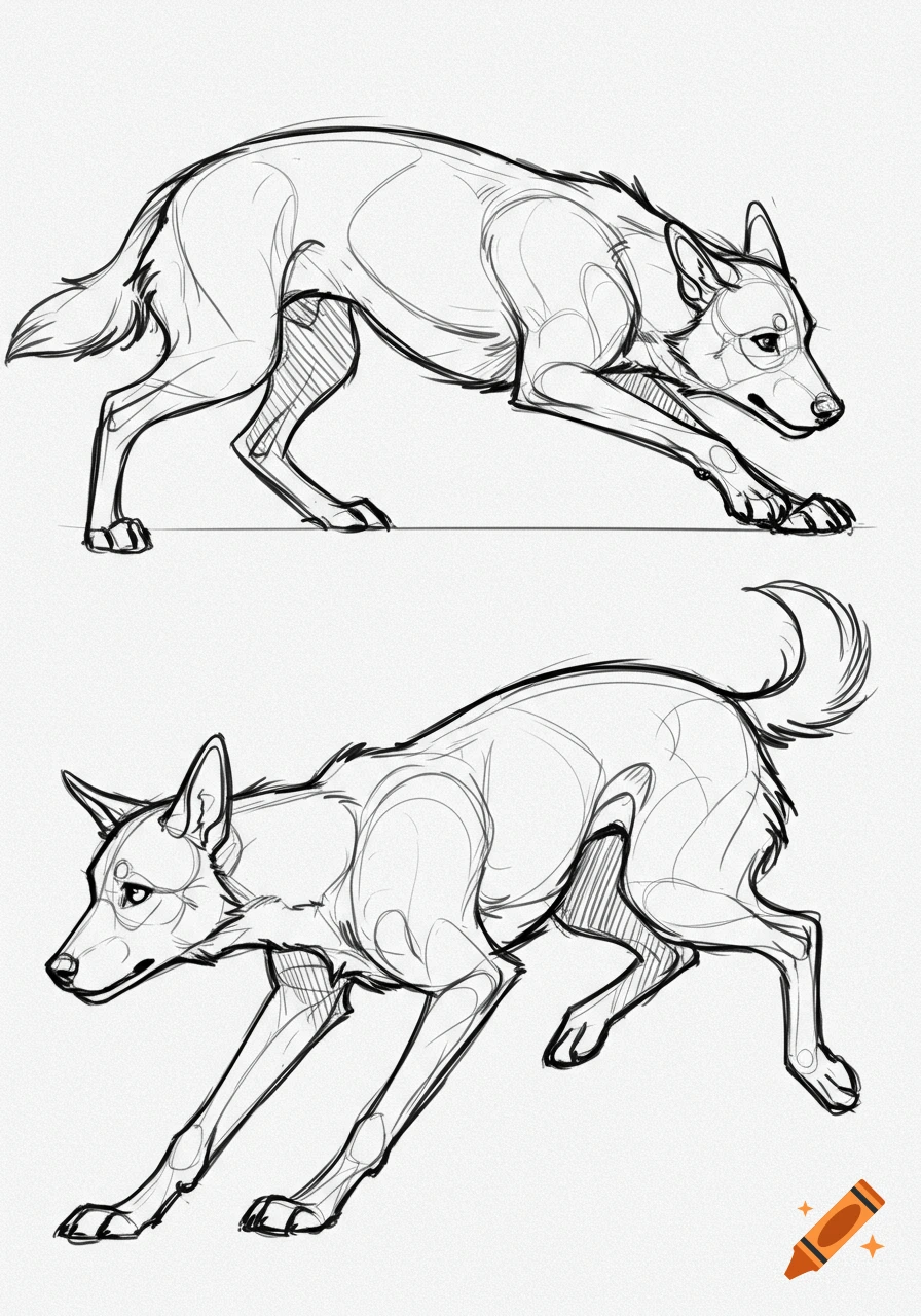 Two line sketches of dogs in different dynamic poses.