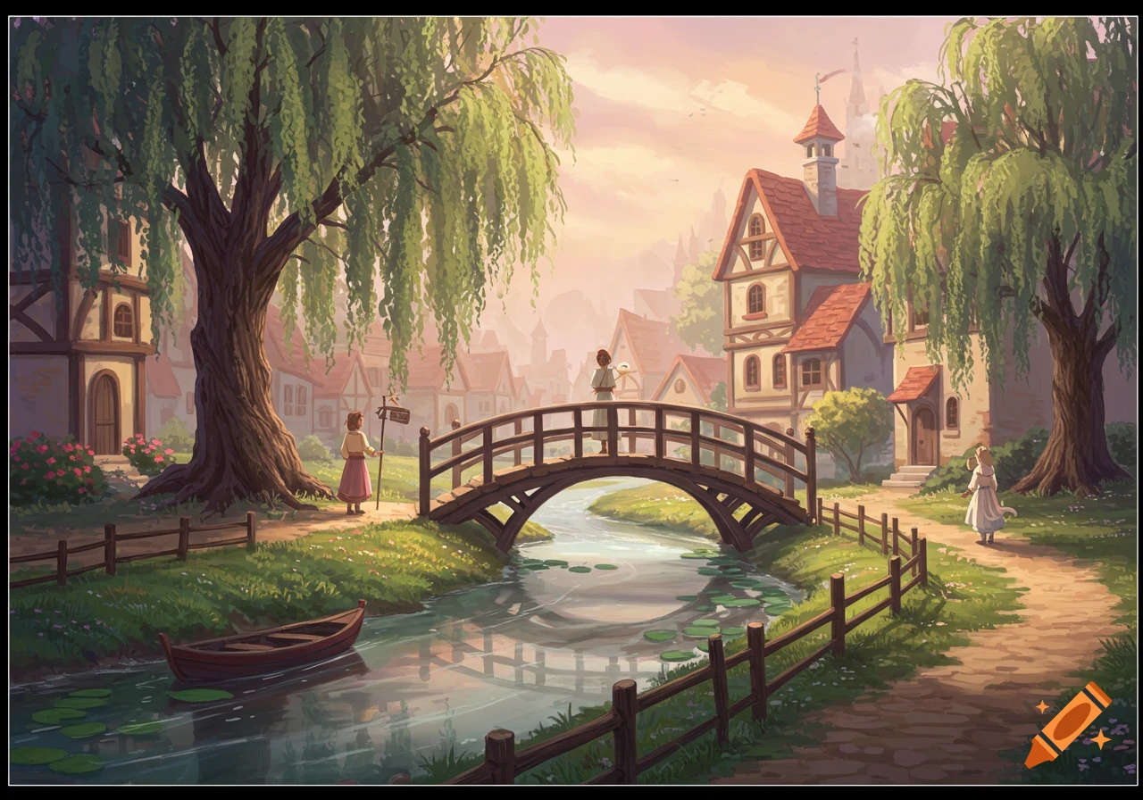 A fantasy village with a bridge over a river, large willow trees, and people