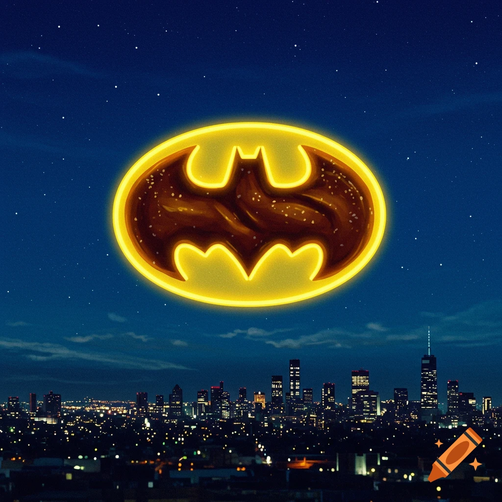 A glowing yellow symbol resembling the Batman signal but shaped like a bagel is projected onto a starry night sky above a city skyline.
