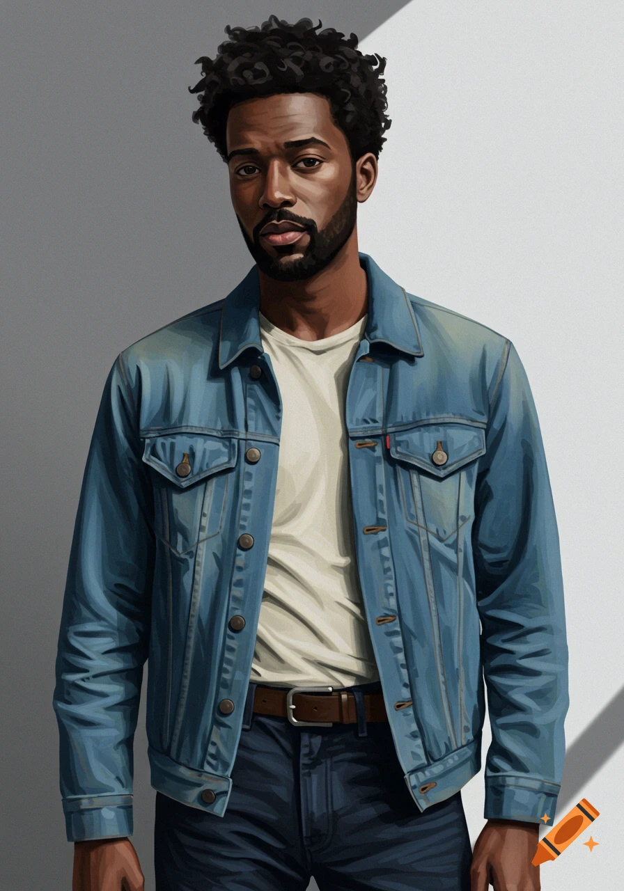 A man wearing a denim jacket over a white t-shirt and blue jeans.