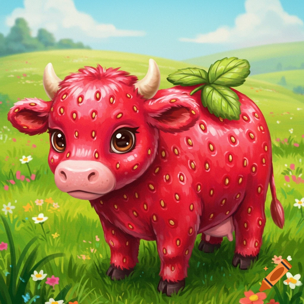 A cute strawberry cow in a grassy field
