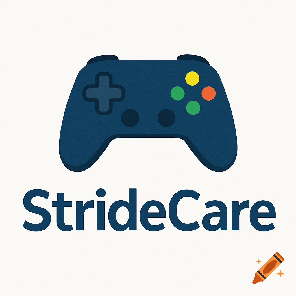 A logo featuring a blue gaming controller above the text "StrideCare" on a white background. Simple illustration style.