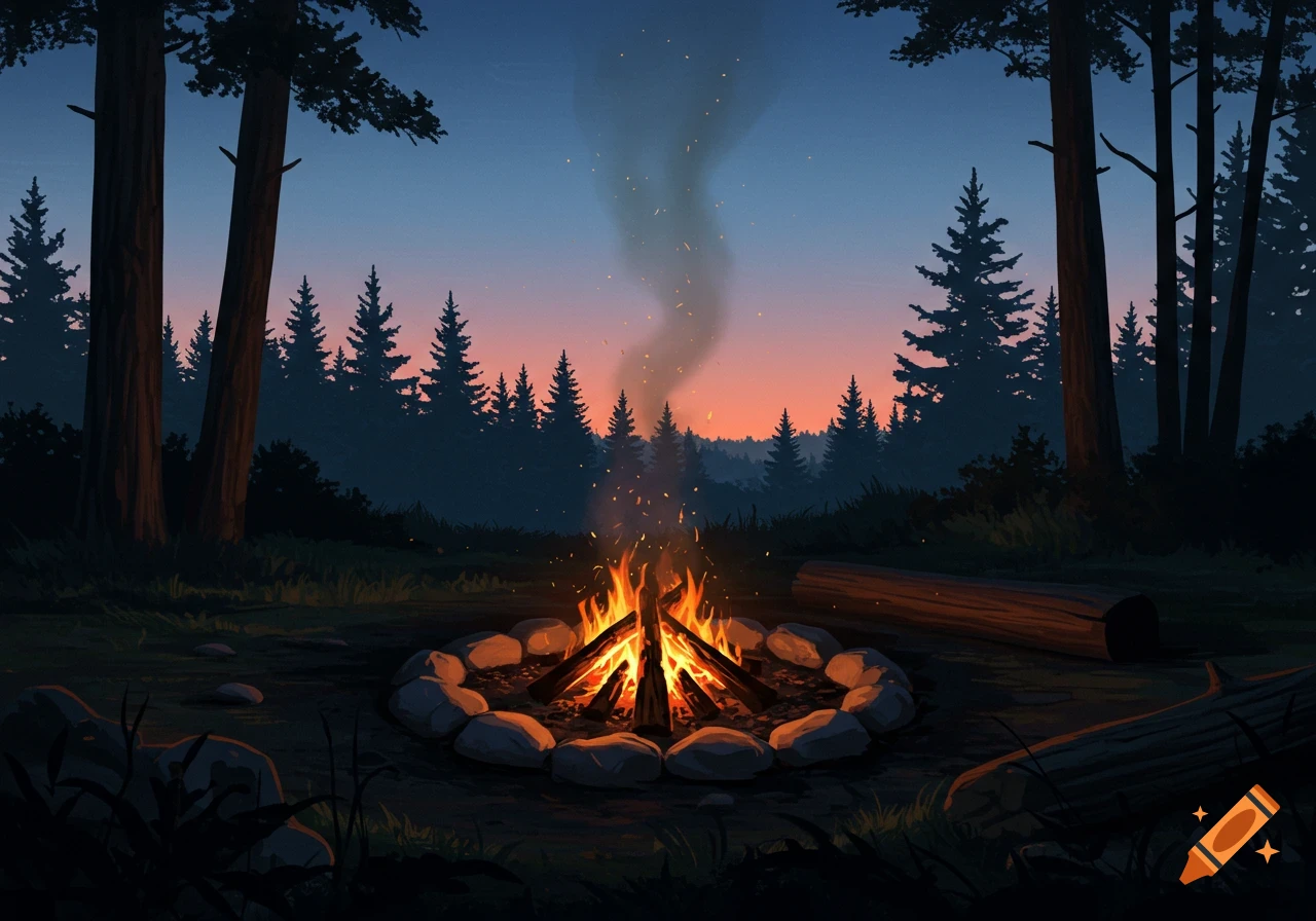 A campfire in a forest clearing at dusk.