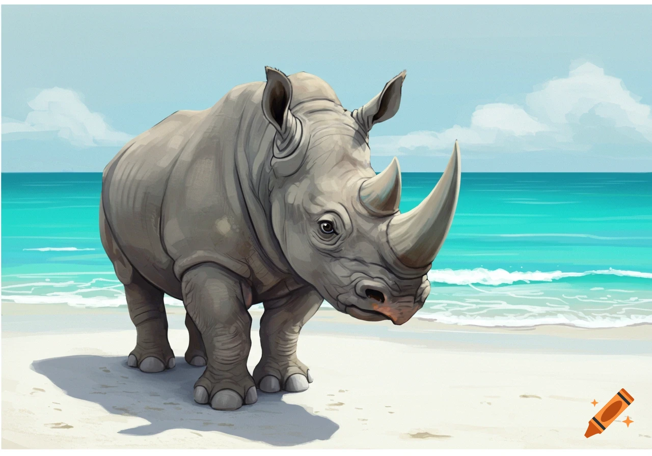 A rhinoceros stands on a beach with the ocean behind it.