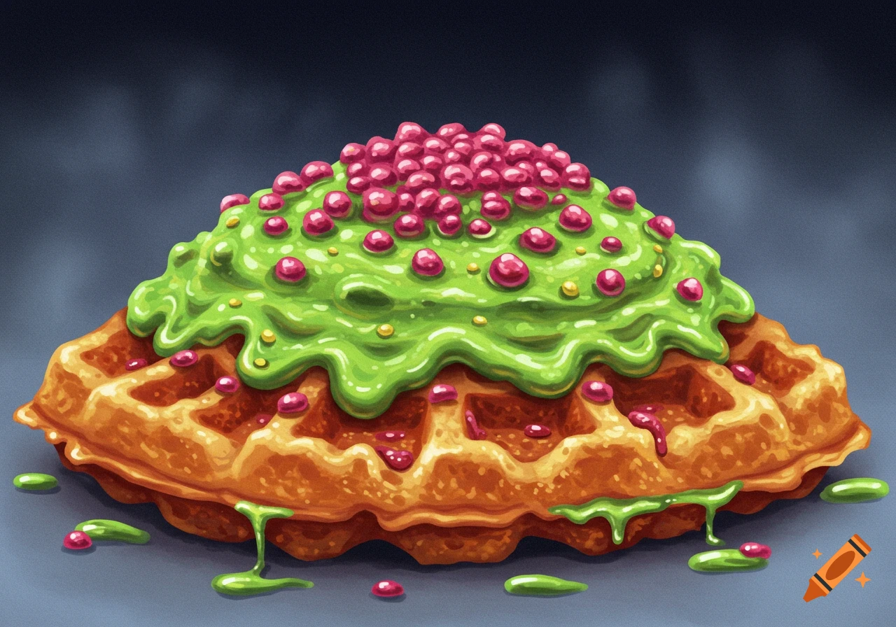 A waffle with green icing and pink toppings