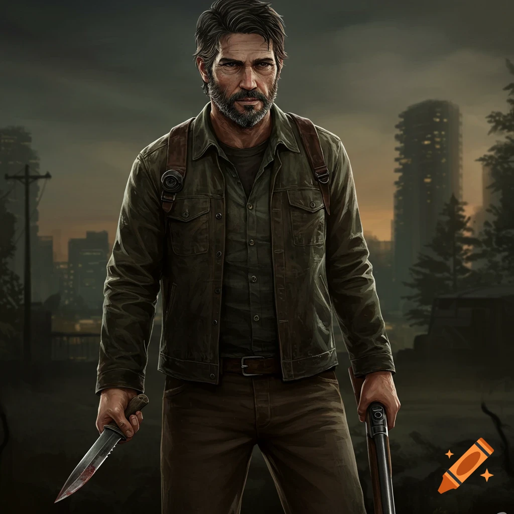 A man resembling Joel Miller holding a knife and shotgun in a ruined city.