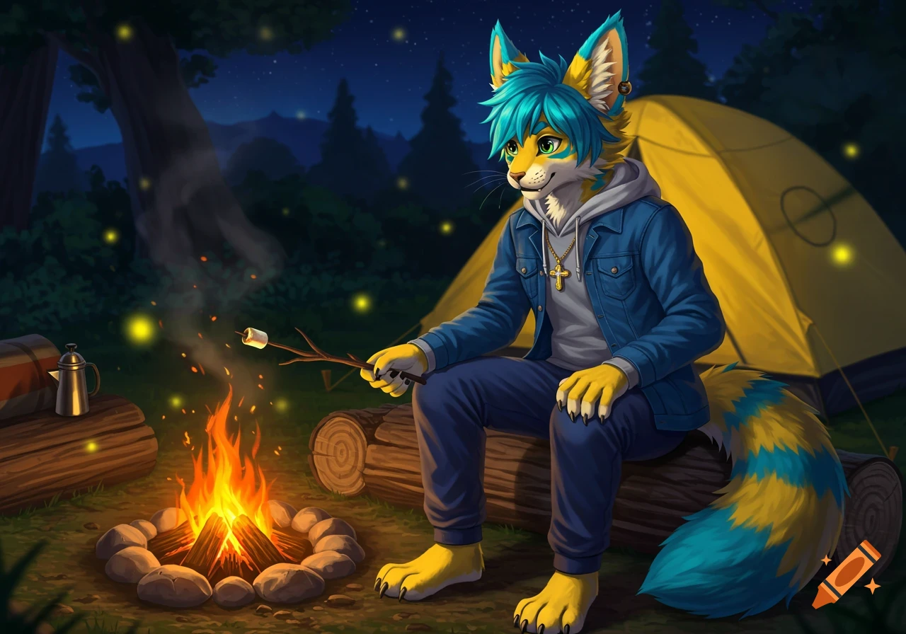 Illustrative art of a blue and yellow furry character roasting a marshmallow by a campfire at a campsite at night.