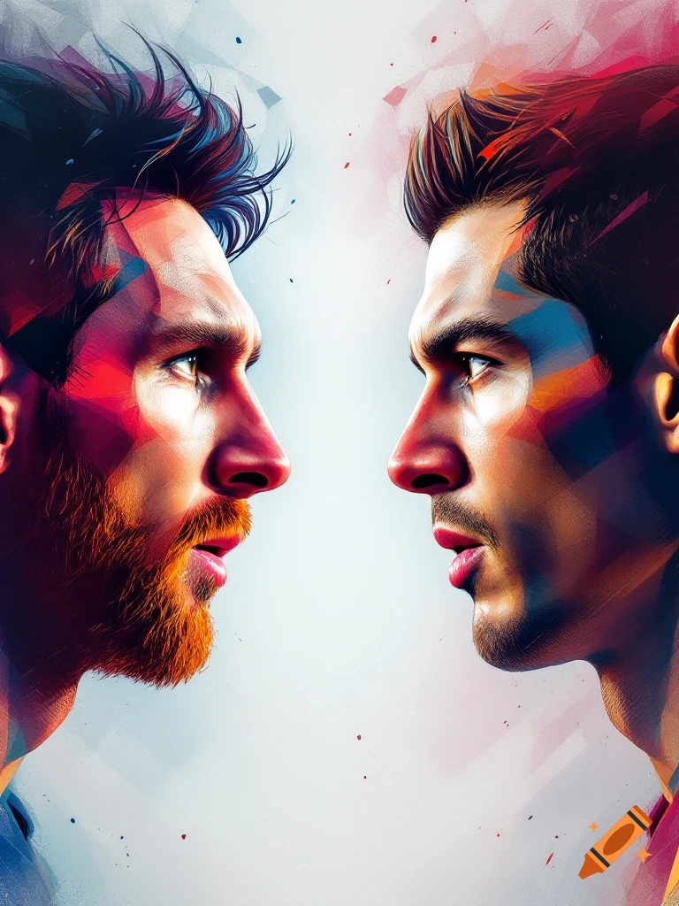 Colorful depiction of two soccer players, likely Messi and Ronaldo, facing each other in profile.