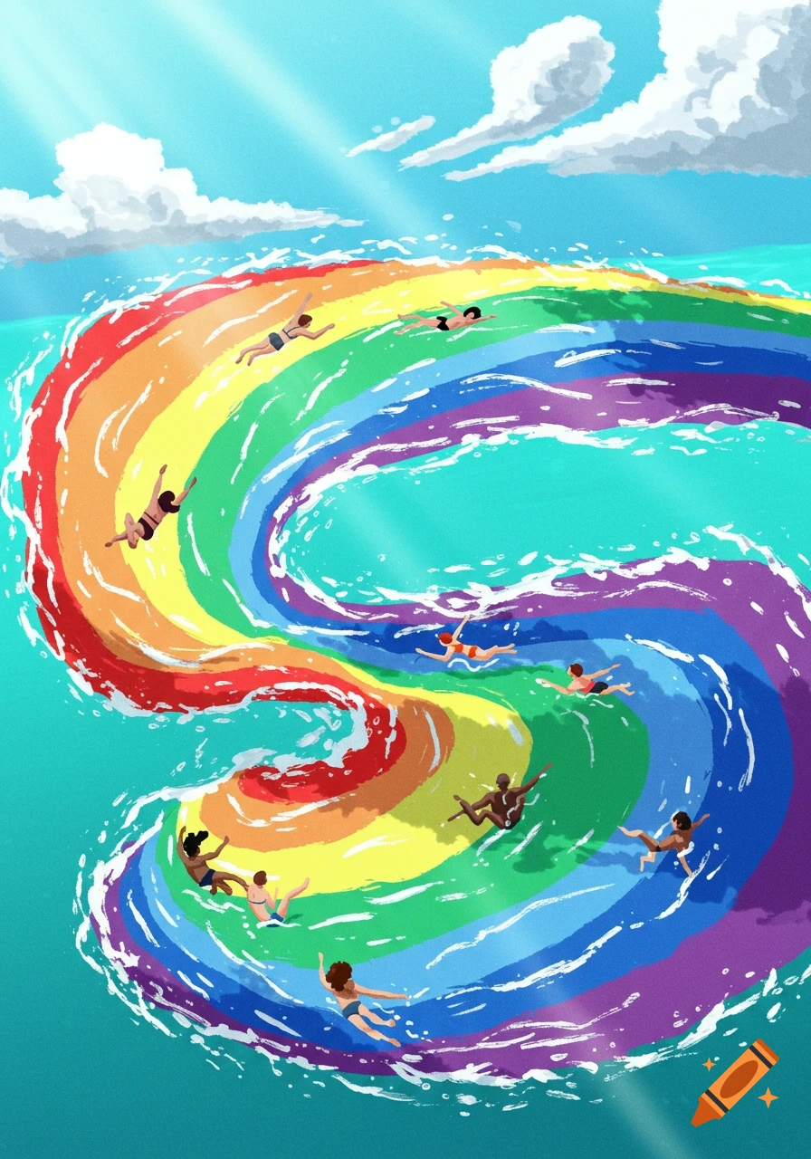 People swimming in a wave shaped like a rainbow