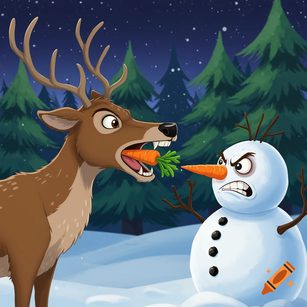 Cartoon deer eats the carrot nose off an angry snowman in a snowy forest at night.
