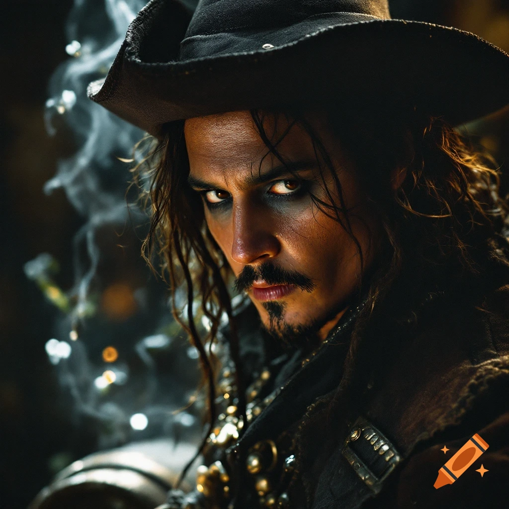 Close-up portrait of a man in a pirate hat with dark makeup, resembling Johnny Depp, in a dramatic style.