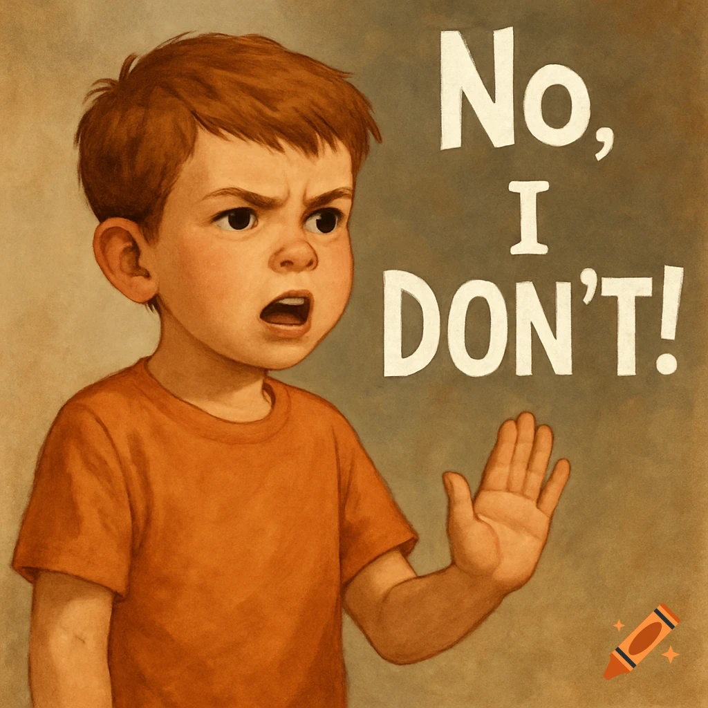 Image of a boy saying 'No, I DON'T!' and holding up his hand.