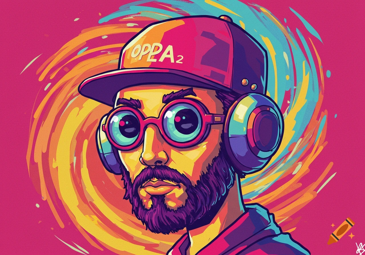A person wearing headphones and a cap with text.