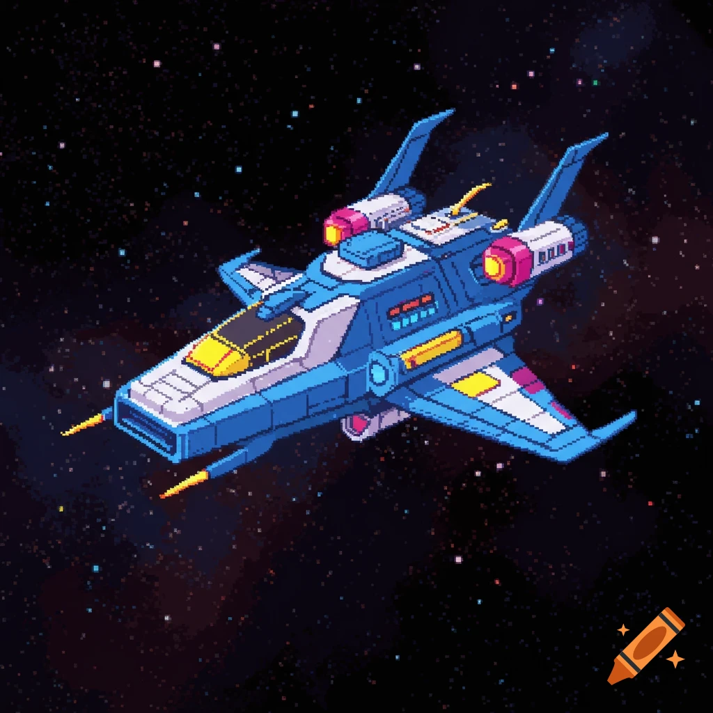 Pixel art spaceship flying through space.