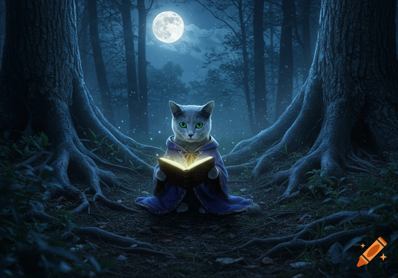 A realistic image of a Russian Blue cat dressed as a wizard reading a glowing book in a moonlit forest.
