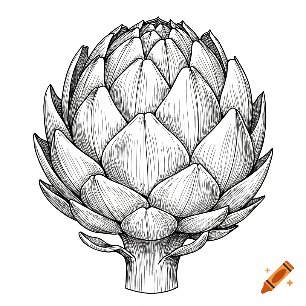 A detailed line drawing of an artichoke.