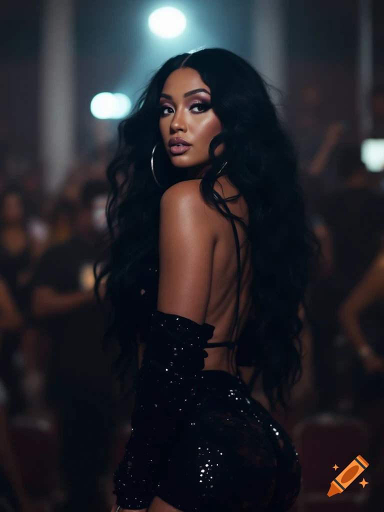 Woman with dark hair and makeup in sparkly black outfit looking over her shoulder in a blurry club setting.