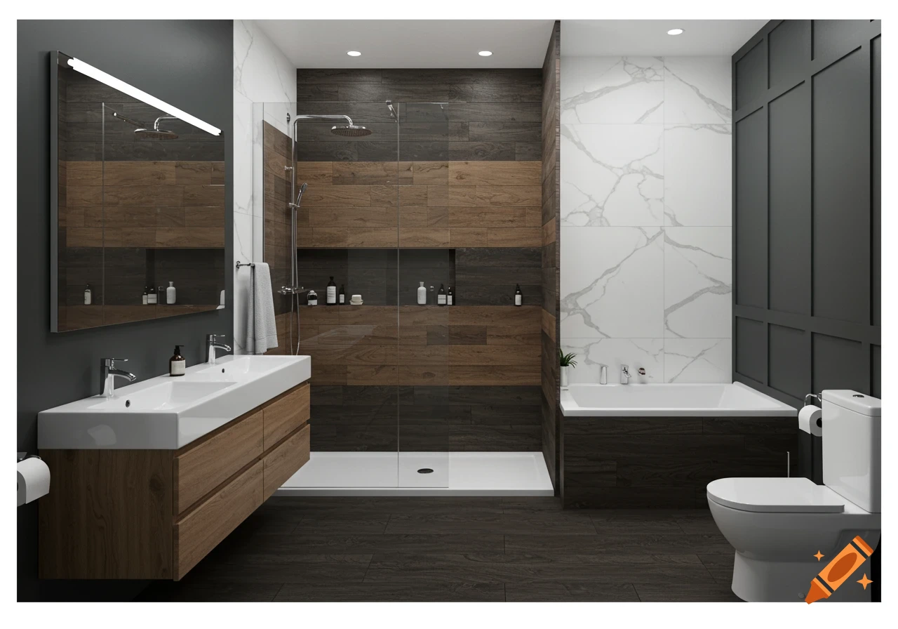 A modern bathroom with a double sink, walk-in shower with wood-like tile, dark tiled floor, white marble walls, and a white toilet.