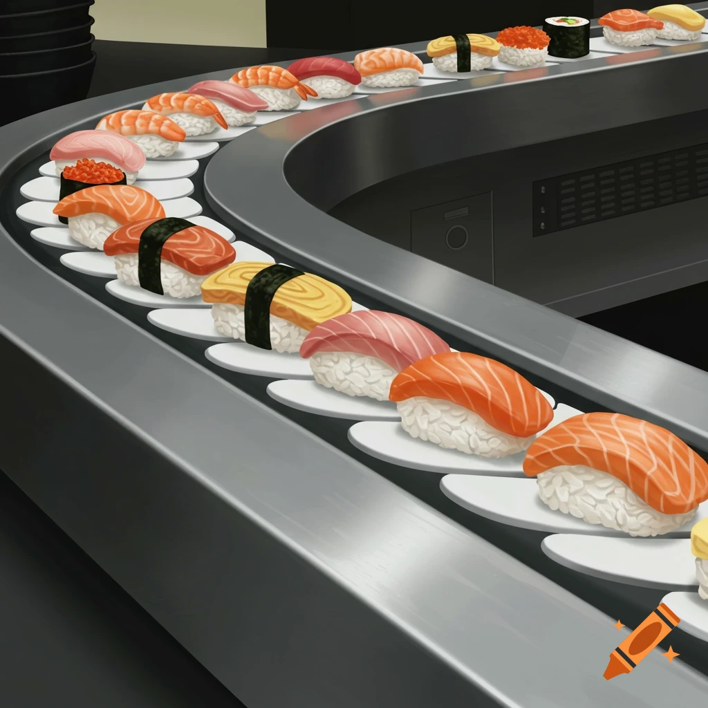 A realistic sushi conveyor belt with various types of sushi.
