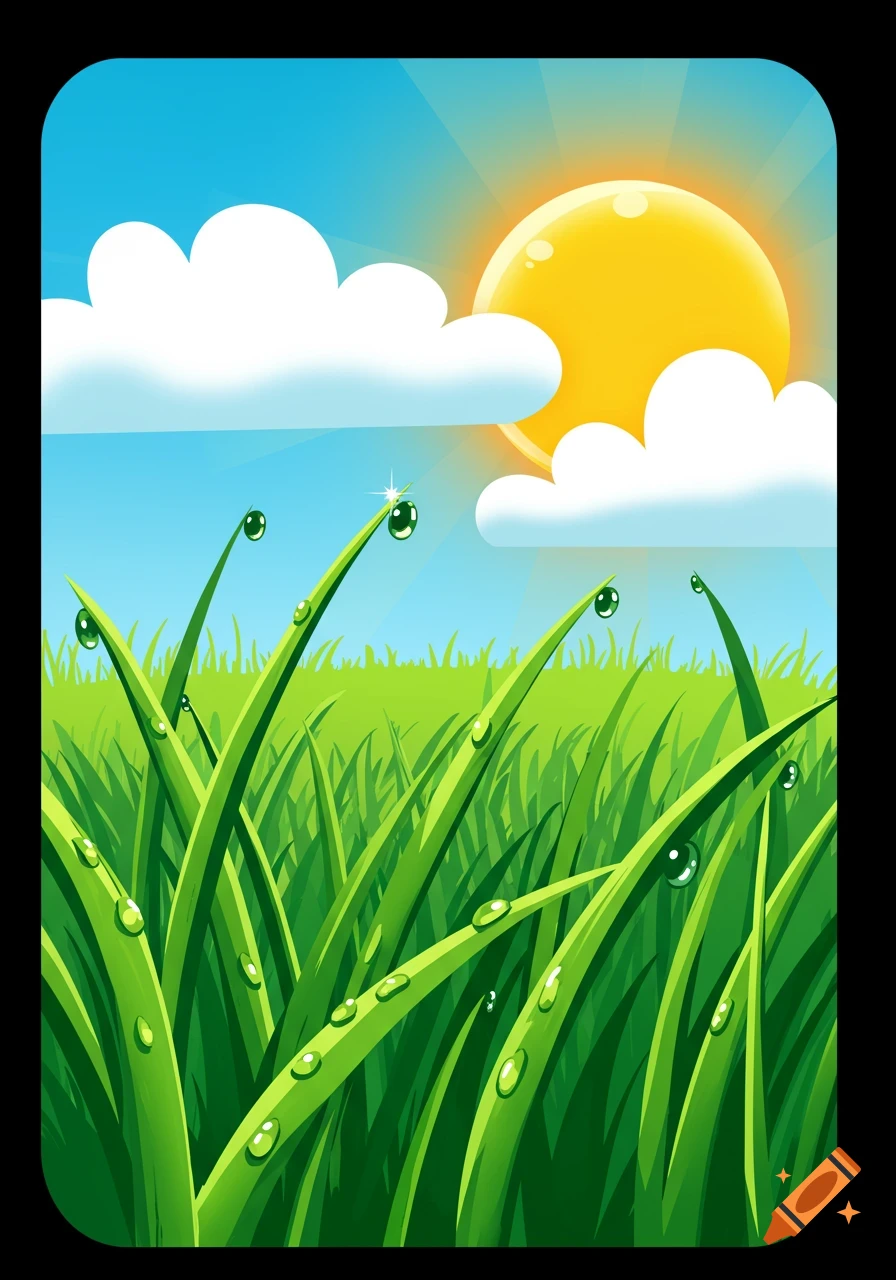 A bright cartoon illustration of tall green grass covered in dew drops, under a sunny blue sky with fluffy white clouds.