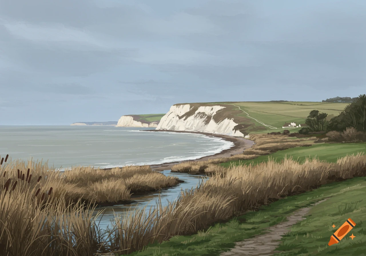 A wintry coastal landscape featuring cliffs, reeds, and a winding path.