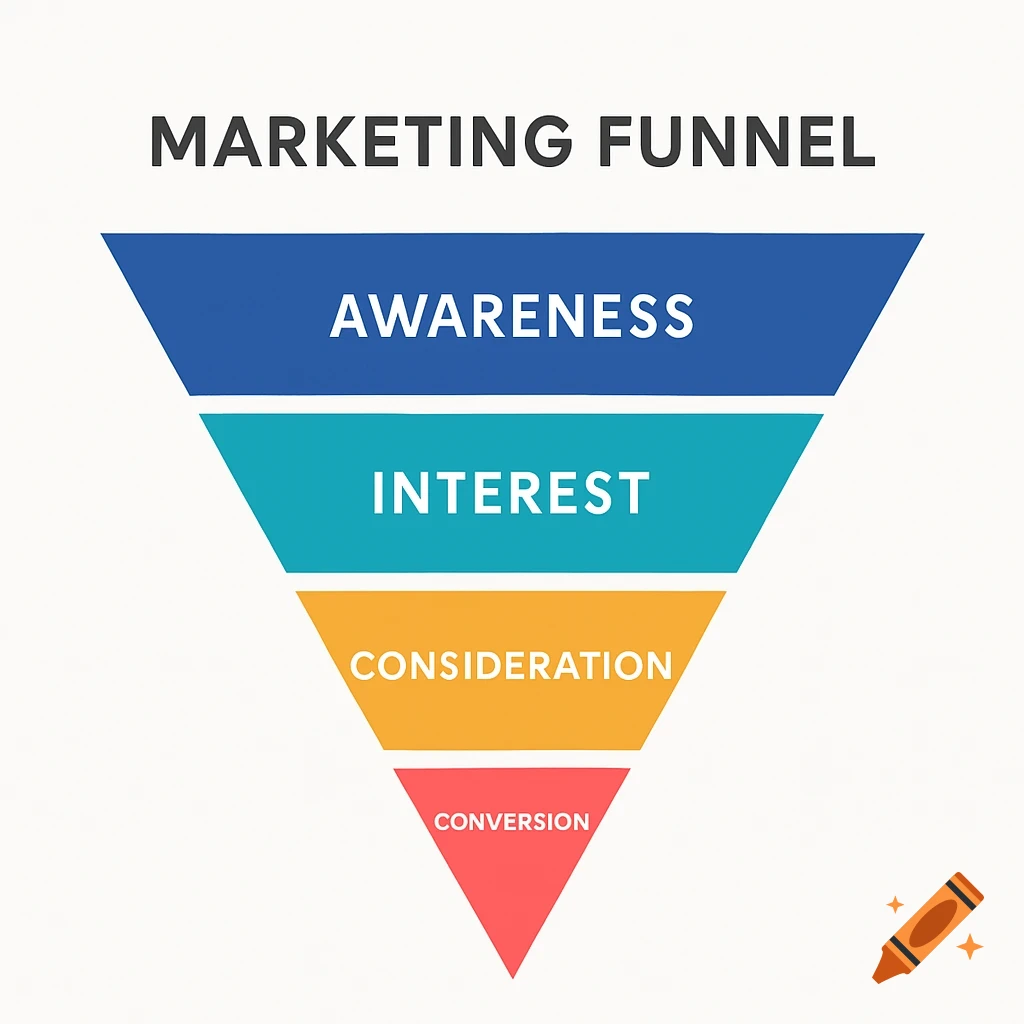 A marketing funnel diagram showing stages: Awareness, Interest, Consideration, and Conversion.