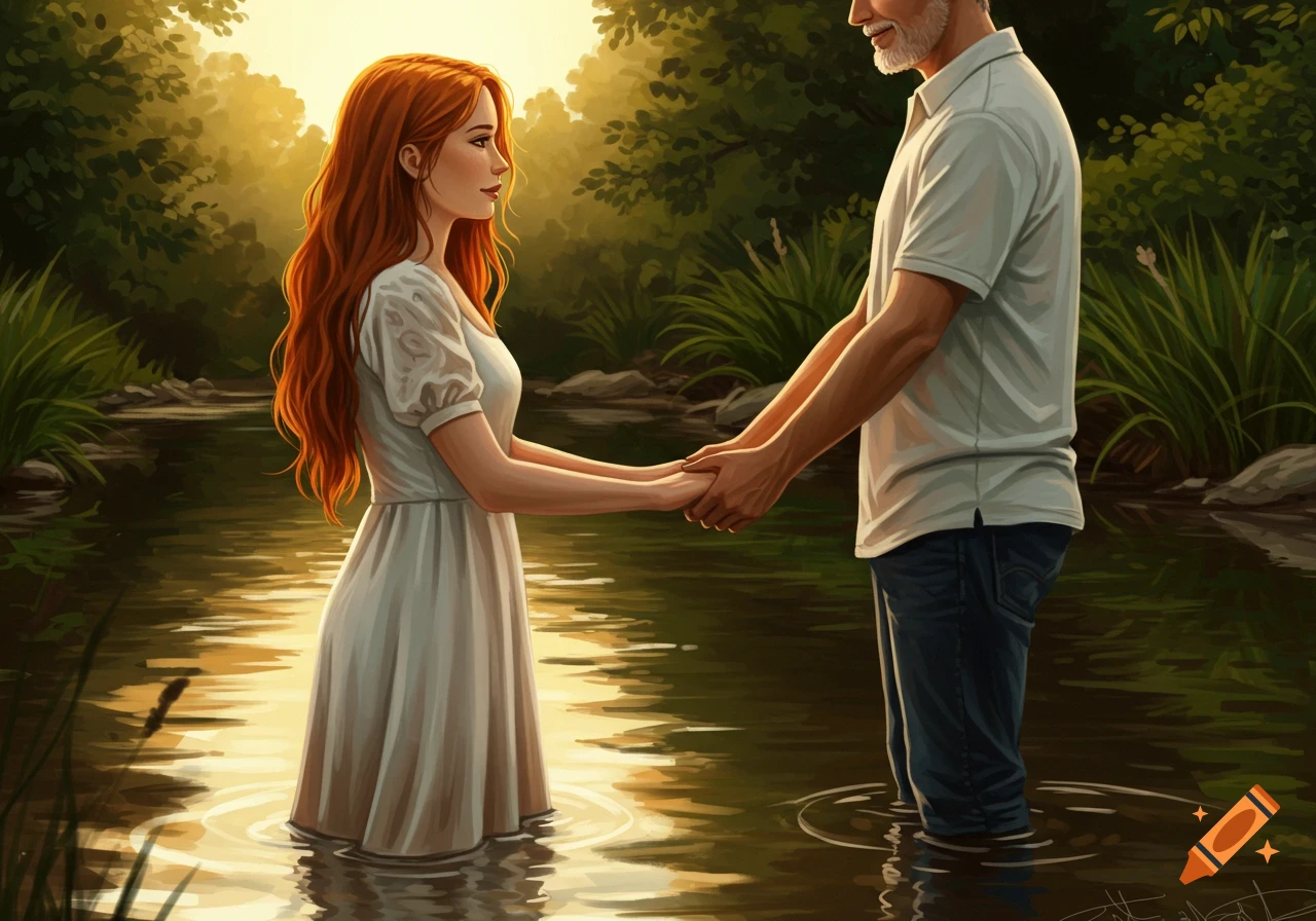 A couple stands ankle-deep in a river, holding hands, surrounded by trees.