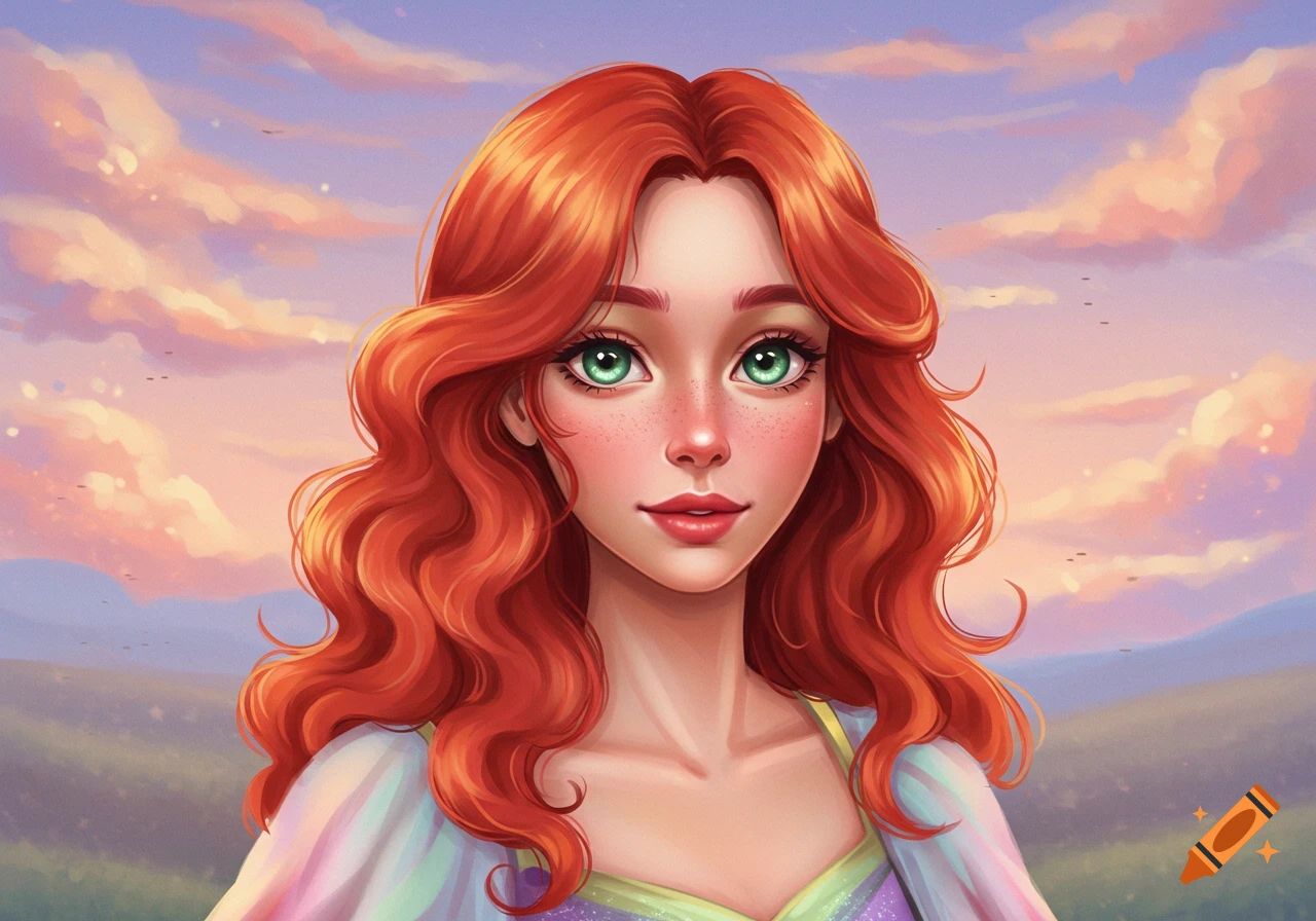 A red-haired woman with green eyes is shown against a sunset sky.