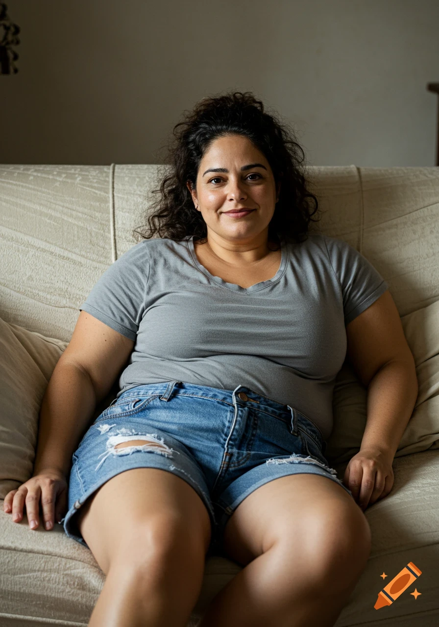 Portrait photo of a woman sitting on a sofa wearing a gray t-shirt and denim shorts.