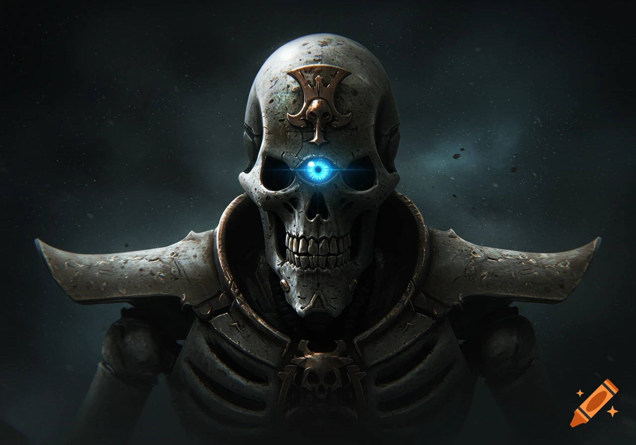 A skeletal figure with a glowing blue eye and sci-fi armor.