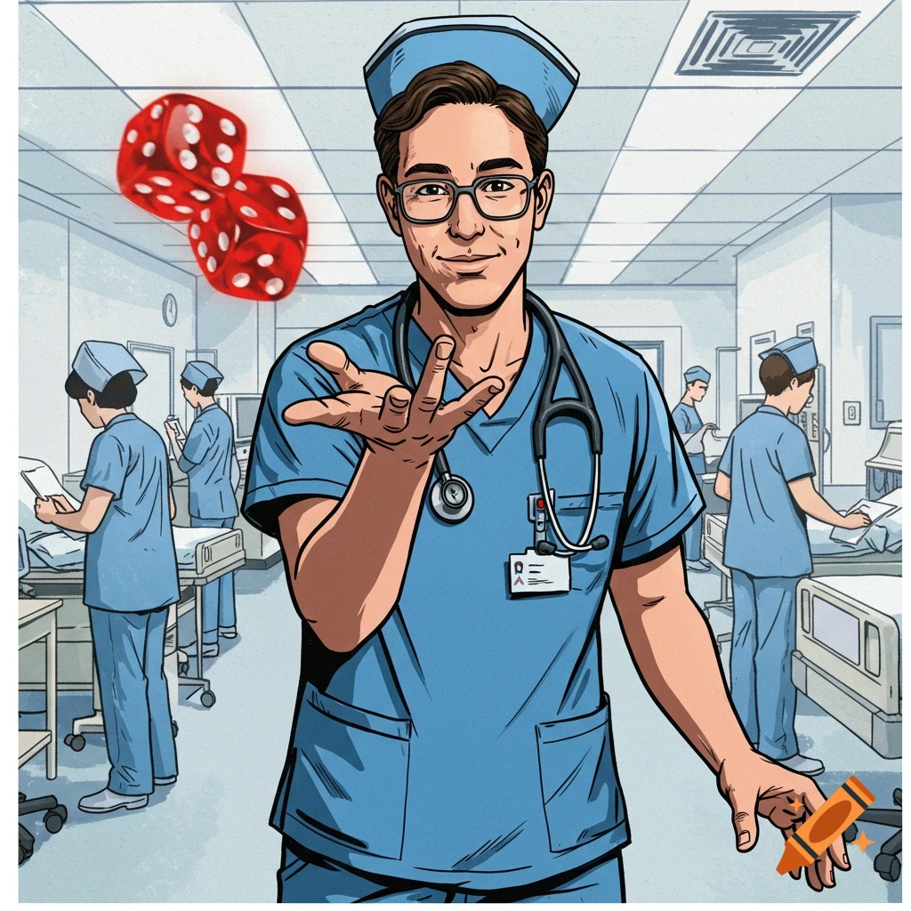 Illustration of a nurse throwing dice in a hospital room