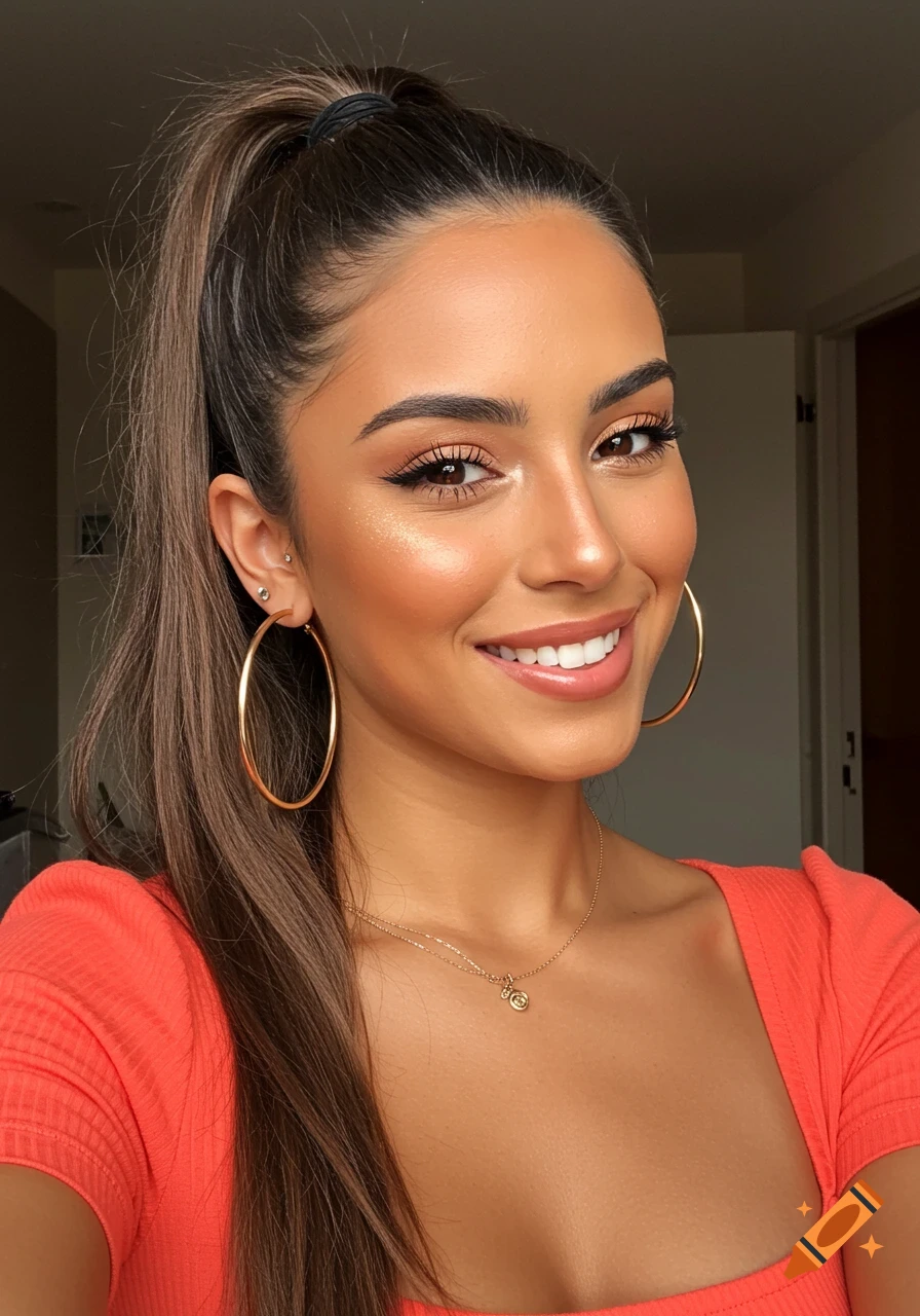 Selfie of a beautiful woman with a ponytail, hoop earrings, and necklace