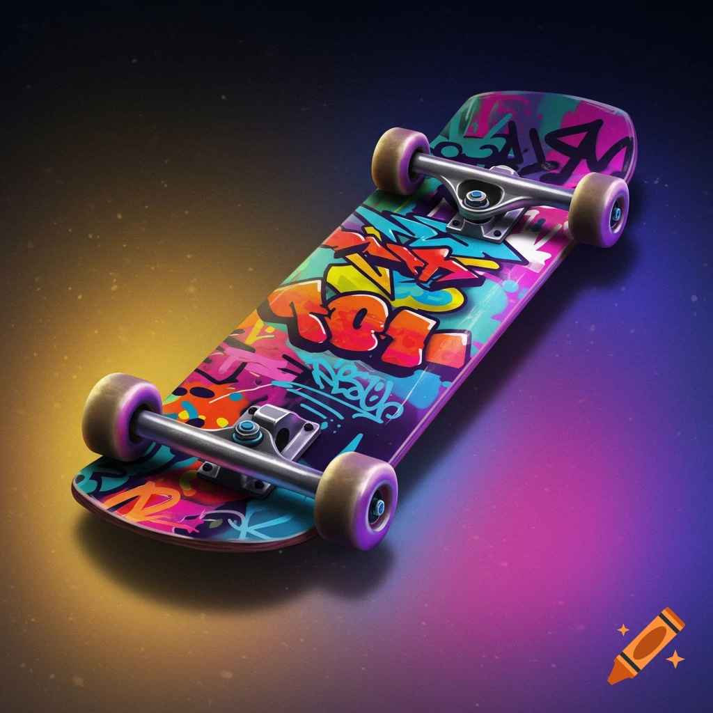 A skateboard covered in colorful graffiti.