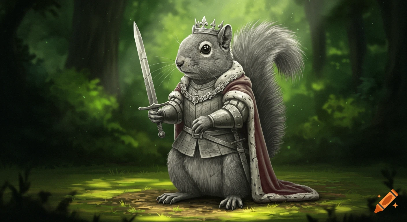 A squirrel dressed as a medieval king in armor holding a sword in a forest.