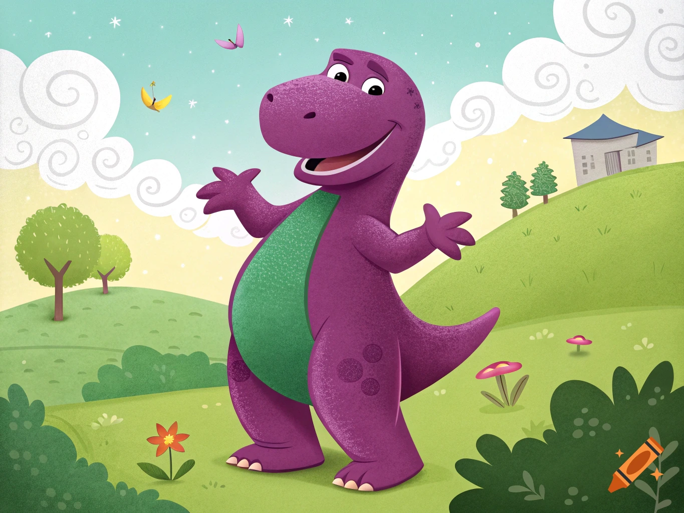 Illustration of Barney the purple dinosaur in a grassy field under a cloudy sky.