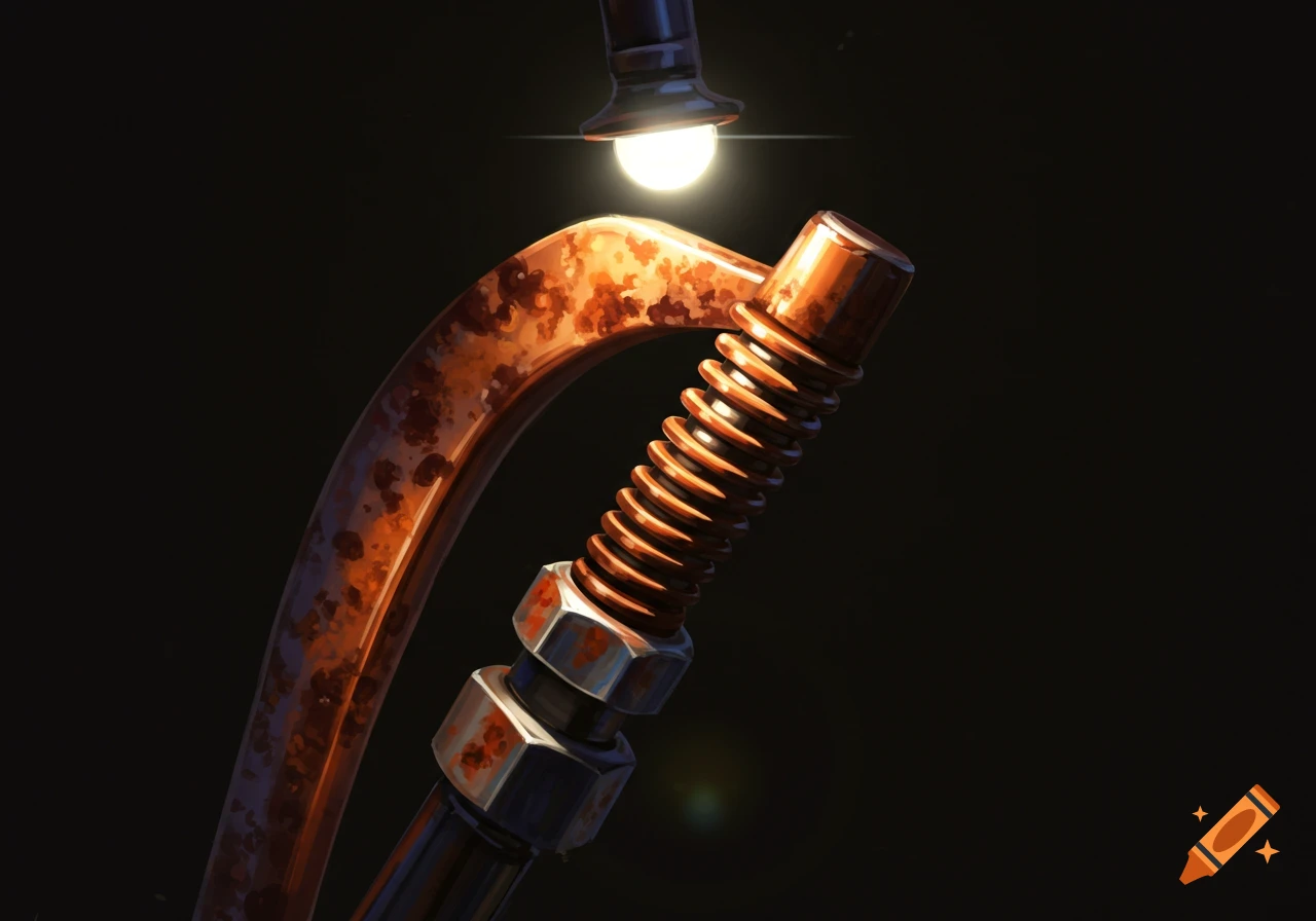 Close-up of a rusty mechanical part with a spring and bolts under a light.