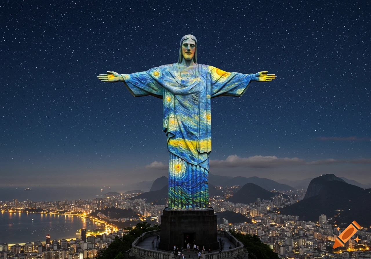 Christ the Redeemer statue in Rio de Janeiro projected with Van Gogh's Starry Night pattern at night.